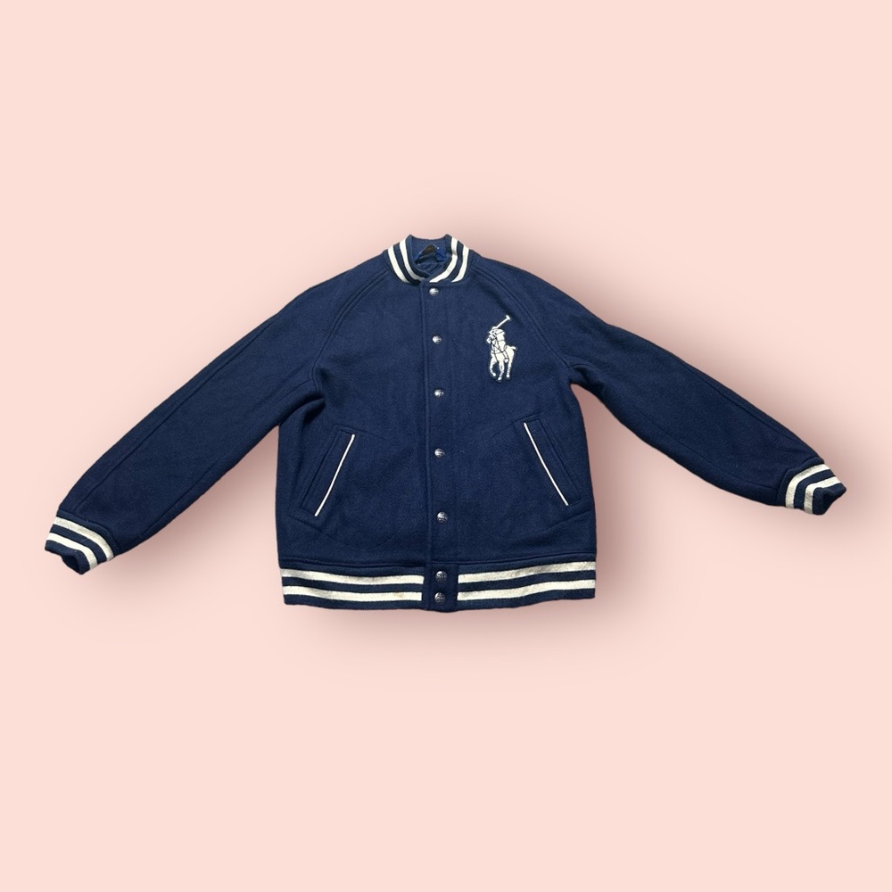 Boys Polo Ralph Lauren Navy Blue Baseball Bomber Snap Front Wool Blend Jacket